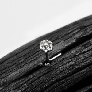 14 Karat White Gold Glistening Multi-Gem Flower Sparkle L-Shaped Nose Ring